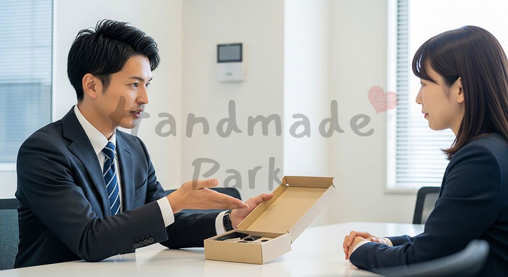 フリー素材 無料 写真｜提案・採用向け 日本人営業が無地サンプルを提示して説明する商談写真｜SNS投稿のアイキャッチ画像向け