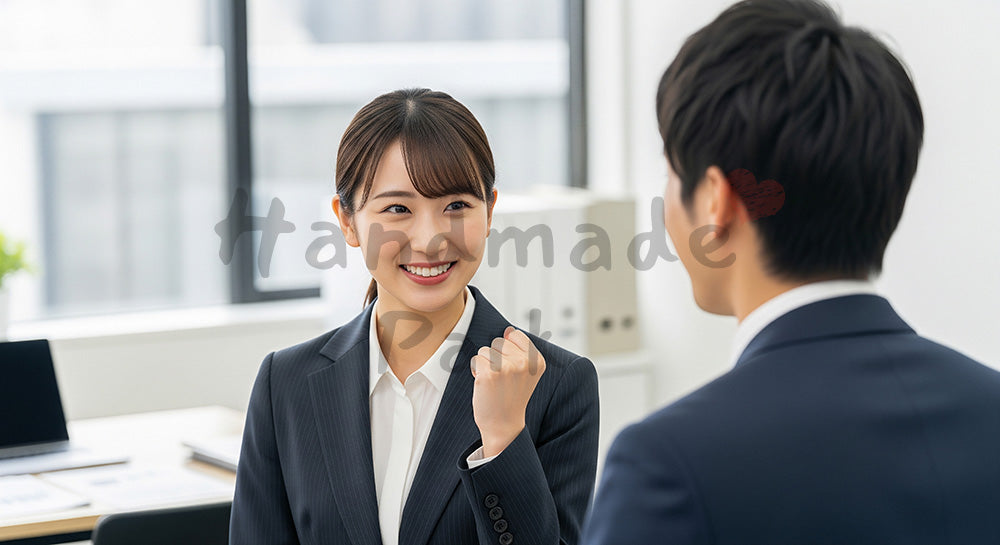 フリー素材 無料 写真｜採用向け 日本人営業が成果を喜ぶチームの明るい職場スナップ写真 シーン｜SNS投稿のアイキャッチ画像向け