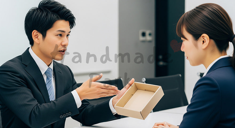 フリー素材 無料 写真|提案・採用向け 日本人営業が無地サンプルを提示して説明する商談写真|SNS投稿のアイキャッチ画像向け(LP向け)