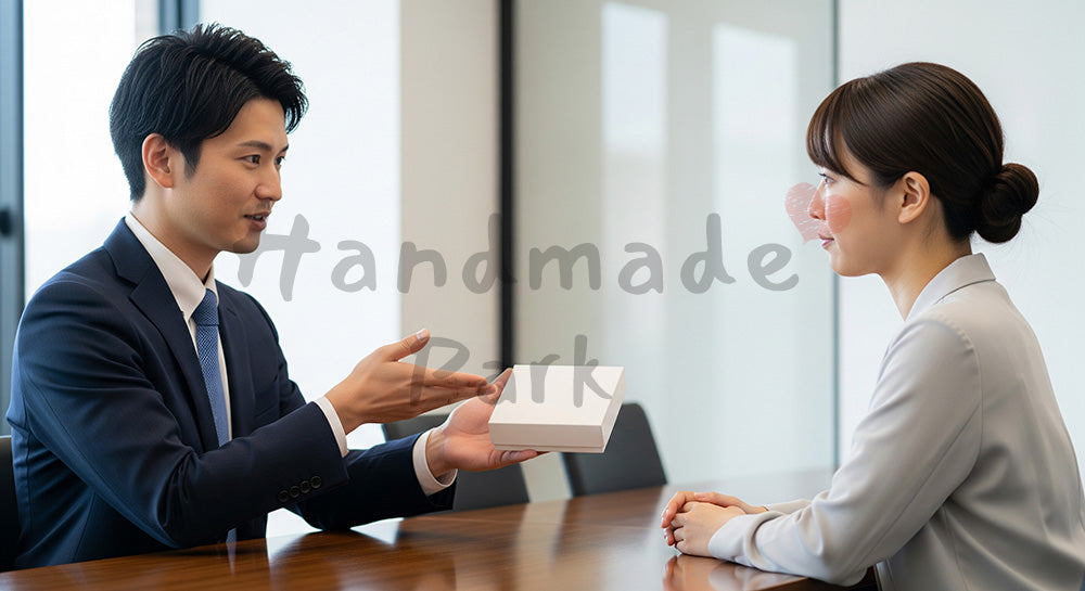 フリー素材 無料 写真｜提案・採用向け 日本人営業が無地サンプルを提示して説明する商談写真｜記事・スライドの差し込みに