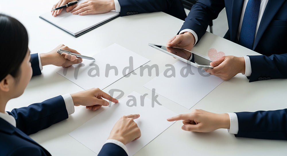 フリー素材 無料 写真|顔出しなしで使える 日本の営業商談テーブル俯瞰 提案資料とタブレットの手元写真|SNS投稿のアイキャッチ画像向け