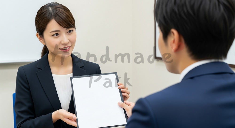 フリー素材 無料 写真|採用向け 日本人女性営業が見積もりを説明する丁寧で信頼感ある商談写真 シーン|LP・バナーに使いやすい