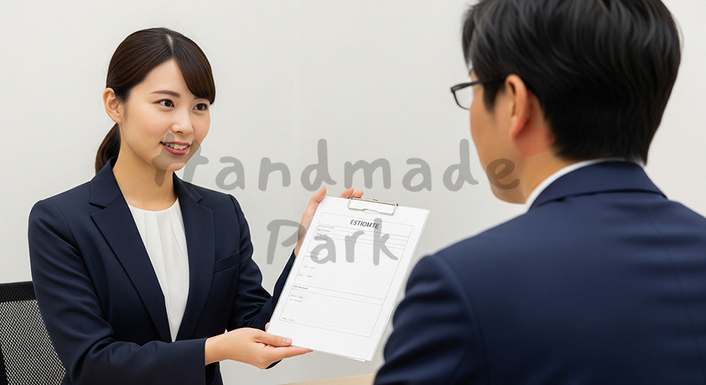 フリー素材 無料 写真｜採用向け 日本人女性営業が見積もりを説明する丁寧で信頼感ある商談写真｜SNS投稿のアイキャッチ画像向け
