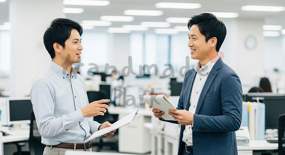 フリー素材 無料 写真|採用向け 日本のオフィスで営業同士が立ち話共有する親しみある職場写真|記事・スライドの差し込みに