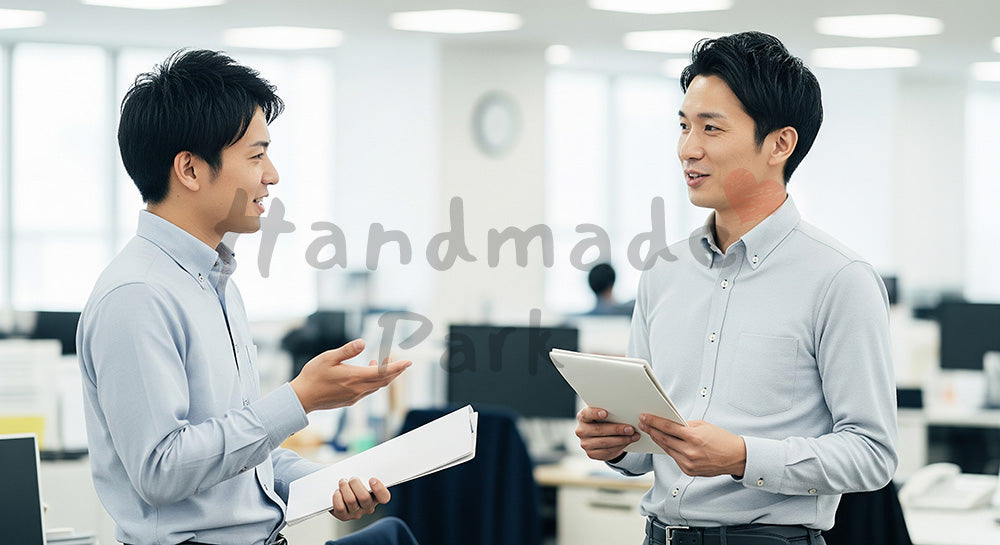 フリー素材 無料 写真|採用向け 日本のオフィスで営業同士が立ち話共有する親しみある職場写真|特集ページの見出しに便利