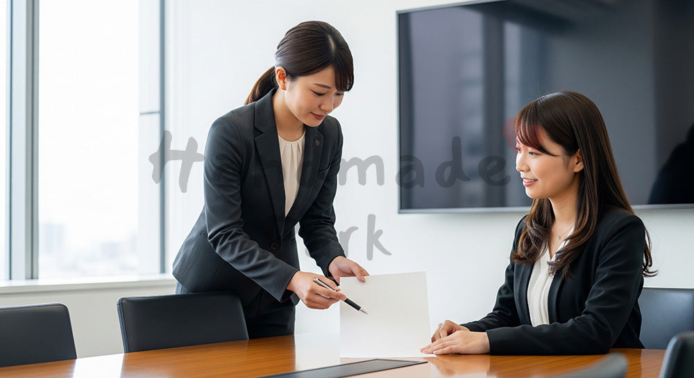 フリー素材 無料 写真｜採用向け 日本人若手女性営業が資料に指し示し提案する分かりやすい商談写真｜特集ページの見出しに便利