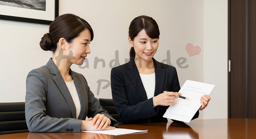 フリー素材 無料 写真｜採用向け 日本人若手女性営業が資料に指し示し提案する分かりやすい商談写真 シーン｜記事・スライドの差し込みに