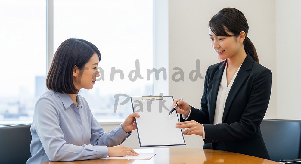 フリー素材 無料 写真｜採用向け 日本人若手女性営業が資料に指し示し提案する分かりやすい商談写真｜LP・バナーに使いやすい