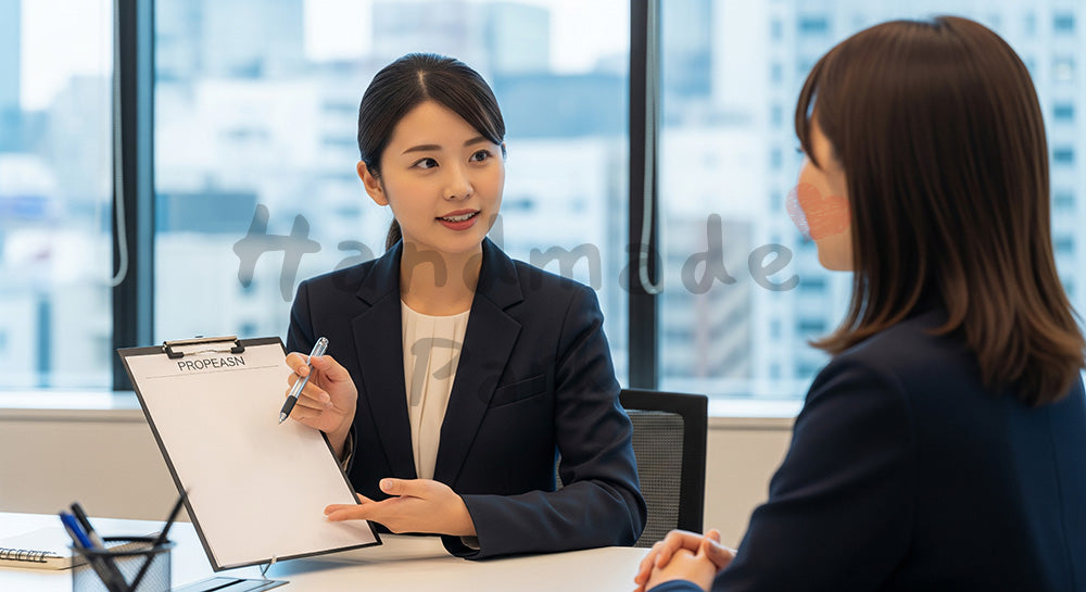 フリー素材 無料 写真|採用向け 日本人若手女性営業が資料に指し示し提案する分かりやすい商談写真|SNS投稿のアイキャッチ画像向け