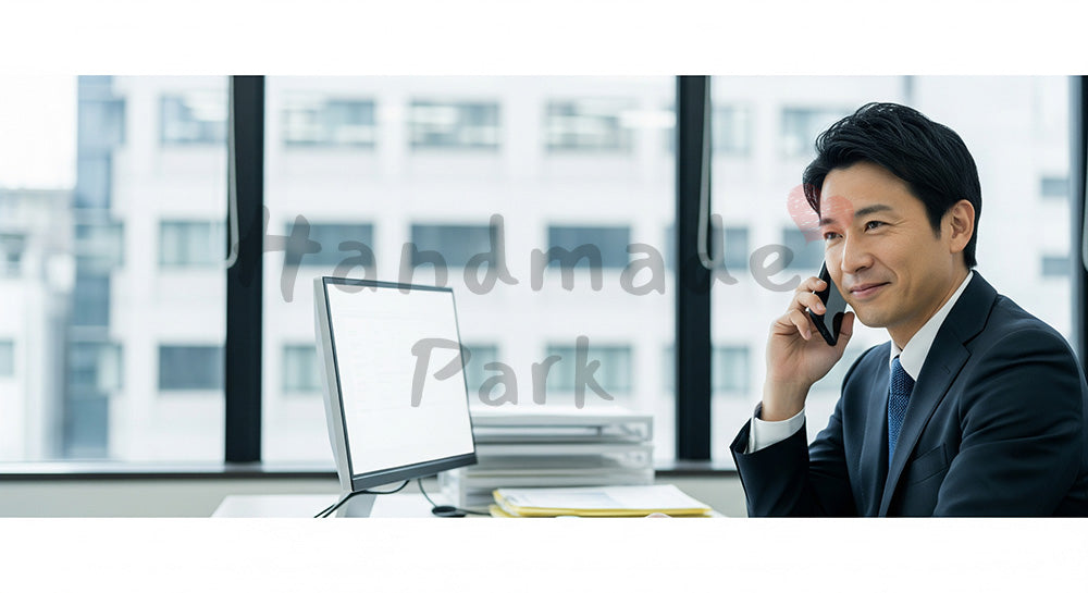 フリー素材 無料 写真|採用向け 日本人ベテラン営業がフォロー電話後にうなずく信頼感ある仕事写真|LP・バナーに使いやすい
