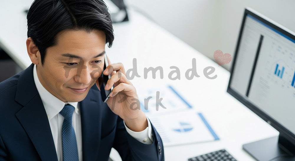 フリー素材 無料 写真｜採用向け 日本人ベテラン営業がフォロー電話後にうなずく信頼感ある仕事写真｜特集ページの見出しに便利