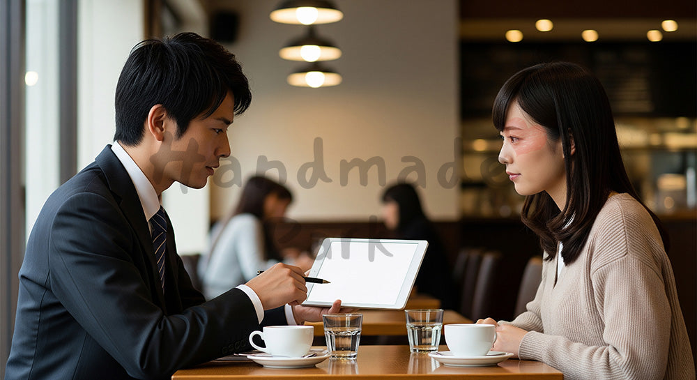 フリー素材 無料 写真|採用向け 日本のカフェでタブレット提案する日本人営業の自然体商談写真 シーン|LP・バナーに使いやすい