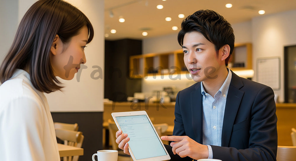 フリー素材 無料 写真｜採用向け 日本のカフェでタブレット提案する日本人営業の自然体商談写真｜SNS投稿のアイキャッチ画像向け