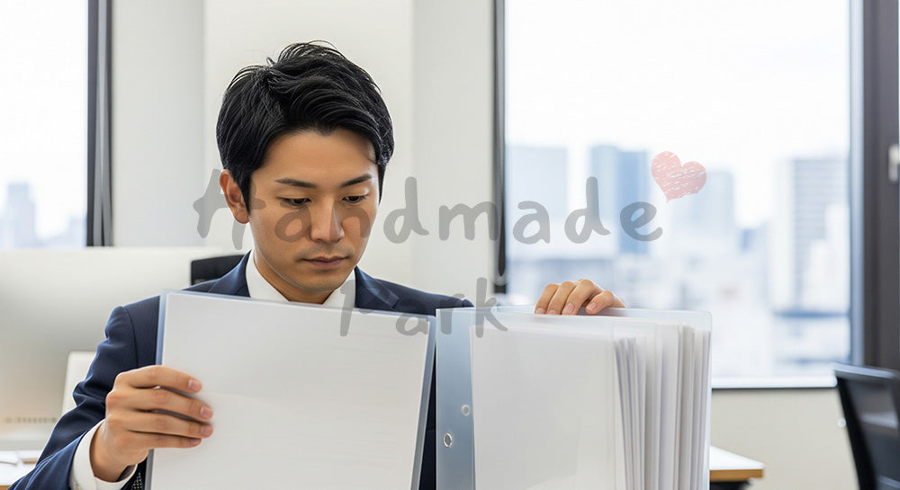 フリー素材 無料 写真｜採用向け 日本人営業が訪問前に資料を整理する準備の実務写真｜特集ページの見出しに便利