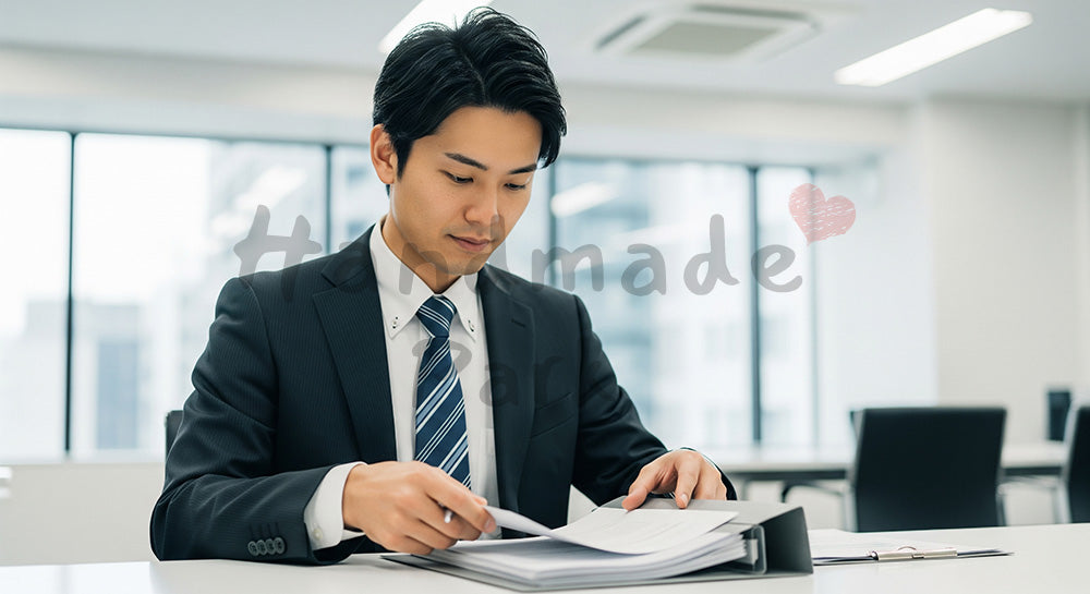 フリー素材 無料 写真｜採用向け 日本人営業が訪問前に資料を整理する準備の実務写真 シーン｜記事・スライドの差し込みに