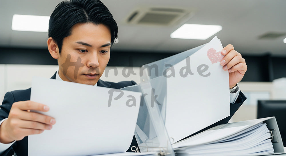 フリー素材 無料 写真｜採用向け 日本人営業が訪問前に資料を整理する準備の実務写真｜SNS投稿のアイキャッチ画像向け