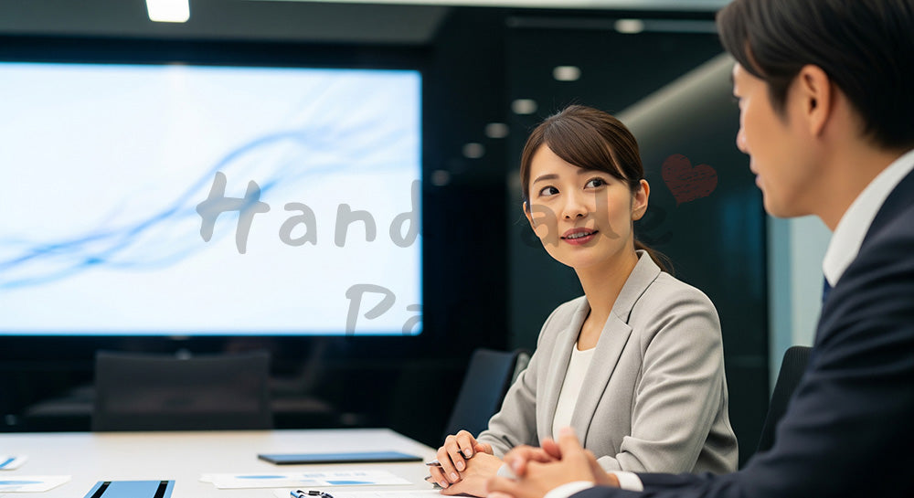 フリー素材 無料 写真｜採用向け 日本人女性営業が質問対応し丁寧に説明する信頼感ある商談写真｜SNS投稿のアイキャッチ画像向け