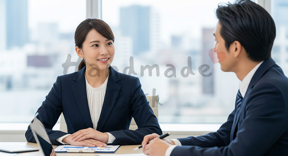 フリー素材 無料 写真｜採用向け 日本人女性営業が質問対応し丁寧に説明する信頼感ある商談写真 シーン｜特集ページの見出しに便利