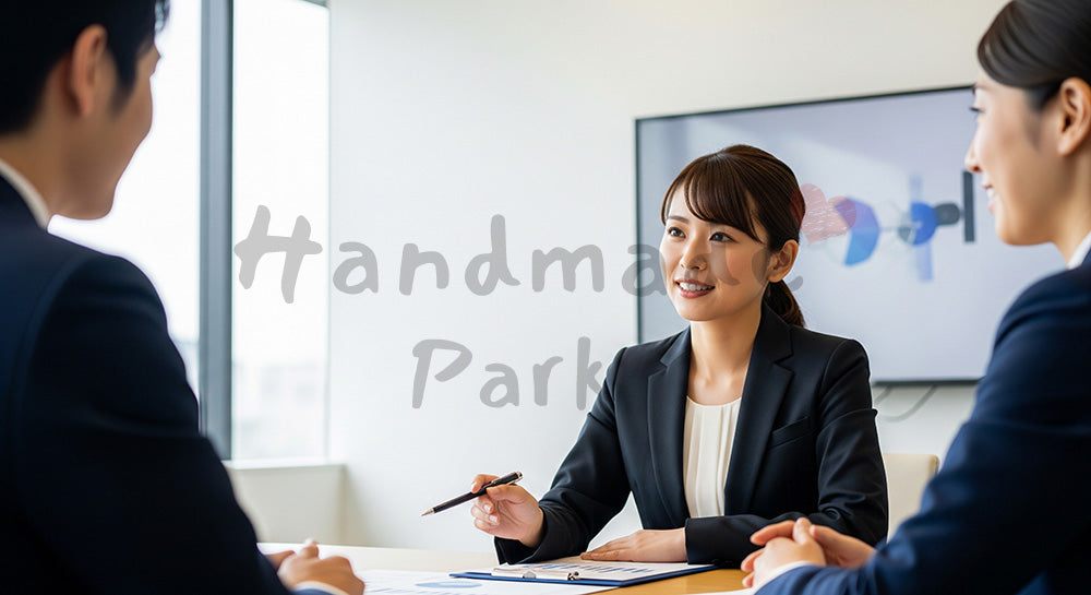 フリー素材 無料 写真｜採用向け 日本人女性営業が質問対応し丁寧に説明する信頼感ある商談写真｜記事・スライドの差し込みに
