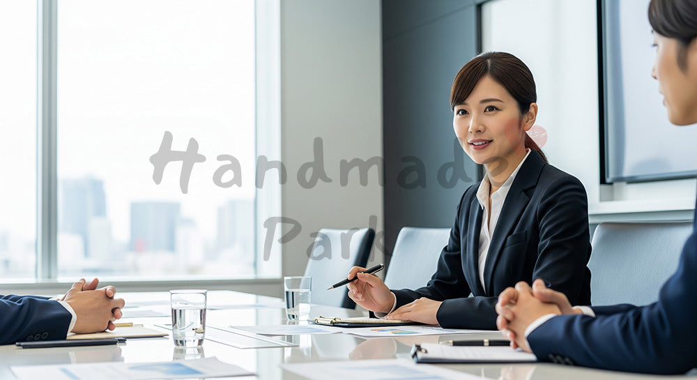 フリー素材 無料 写真｜採用向け 日本人女性営業が質問対応し丁寧に説明する信頼感ある商談写真｜LP・バナーに使いやすい