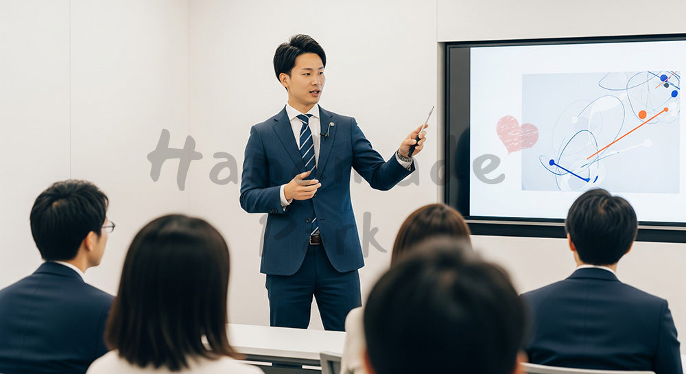 フリー素材 無料 写真｜企業イベント・採用向け 日本人営業が小規模説明会で提案するセミナー風写真｜LP・バナーに使いやすい