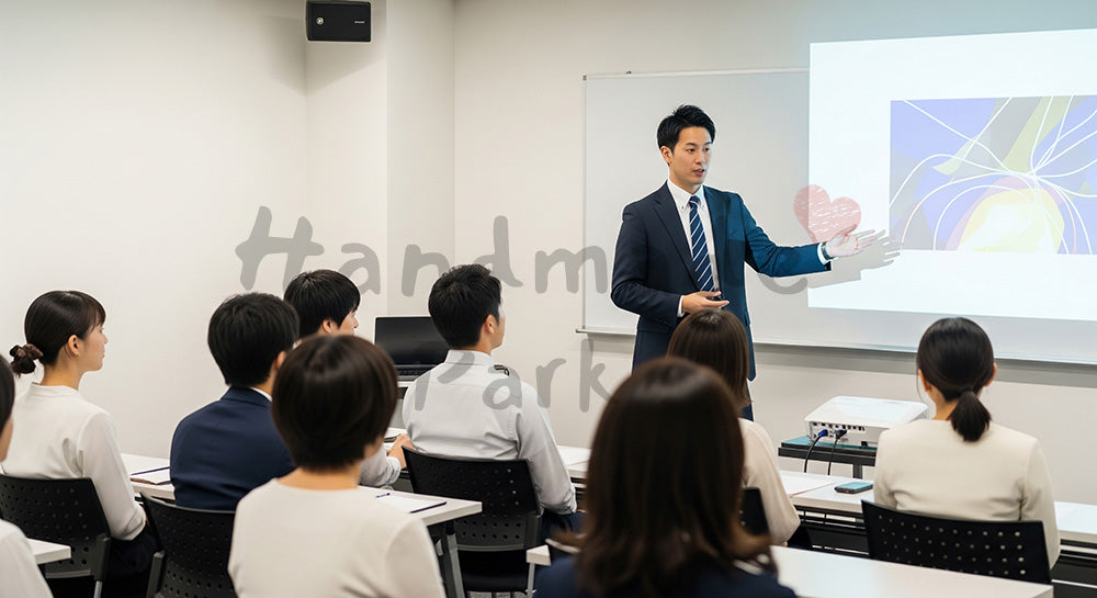 フリー素材 無料 写真｜企業イベント・採用向け 日本人営業が小規模説明会で提案するセミナー風写真 シーン｜SNS投稿のアイキャッチ画像向け