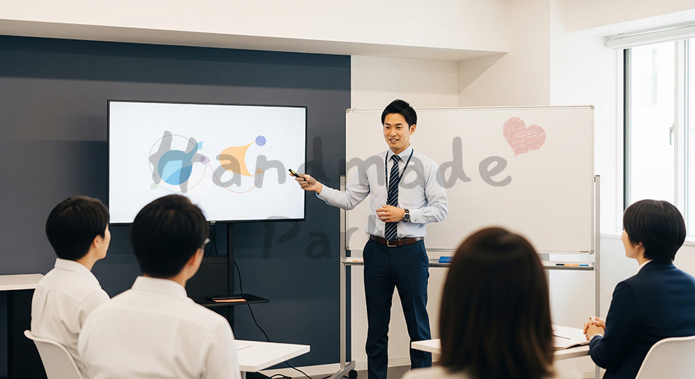 フリー素材 無料 写真｜企業イベント・採用向け 日本人営業が小規模説明会で提案するセミナー風写真｜特集ページの見出しに便利