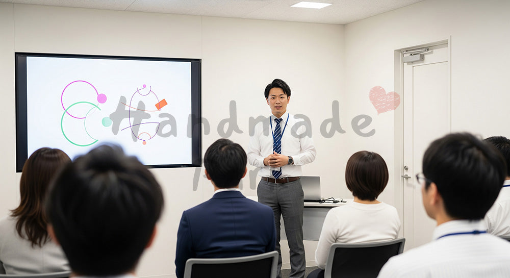 フリー素材 無料 写真|企業イベント・採用向け 日本人営業が小規模説明会で提案するセミナー風写真|記事・スライドの差し込みに