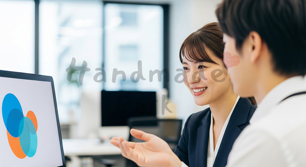 フリー素材 無料 写真｜採用向け 日本人若手女性営業がフィードバックを受け成長する明るいオフィス写真 シーン｜特集ページの見出しに便利