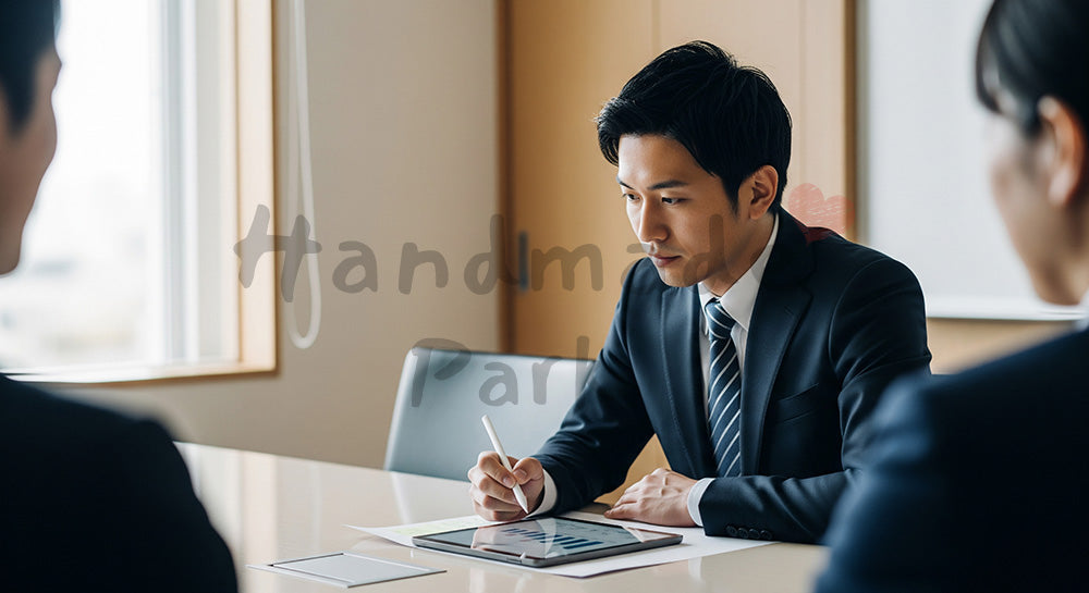 フリー素材 無料 写真｜提案前ヒアリングの採用向け 日本人営業がメモを取りながら聞く商談写真｜記事・スライドの差し込みに