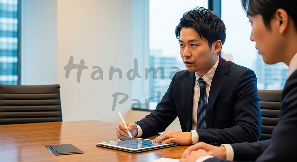 フリー素材 無料 写真｜提案前ヒアリングの採用向け 日本人営業がメモを取りながら聞く商談写真｜SNS投稿のアイキャッチ画像向け