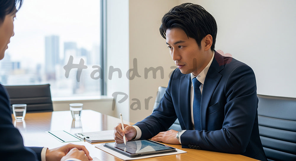 フリー素材 無料 写真｜提案前ヒアリングの採用向け 日本人営業がメモを取りながら聞く商談写真｜特集ページの見出しに便利