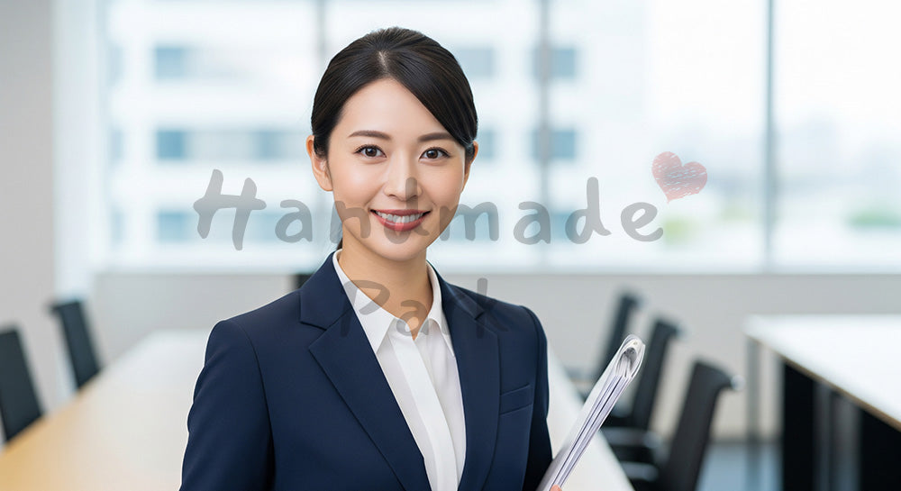 フリー素材 無料 写真｜採用向け 日本人女性営業の信頼感あるプロフィール写真 オフィス背景で余白あり シーン｜テキストを載せやすい余白背景
