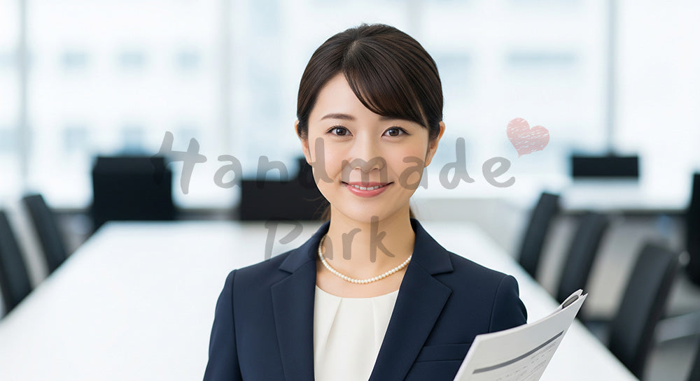 フリー素材 無料 写真｜採用向け 日本人女性営業の信頼感あるプロフィール写真 オフィス背景で余白あり｜余白を活かしたアイキャッチ画像