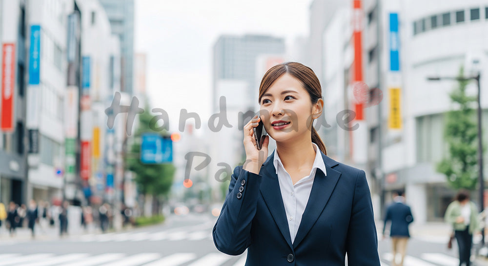 フリー素材 無料 写真｜外回り採用向け 日本の街で電話しながら歩く日本人女性営業のリアルな仕事写真 シーン｜LP・バナーに使いやすい