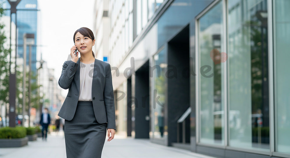 フリー素材 無料 写真｜外回り採用向け 日本の街で電話しながら歩く日本人女性営業のリアルな仕事写真｜SNS投稿のアイキャッチ画像向け