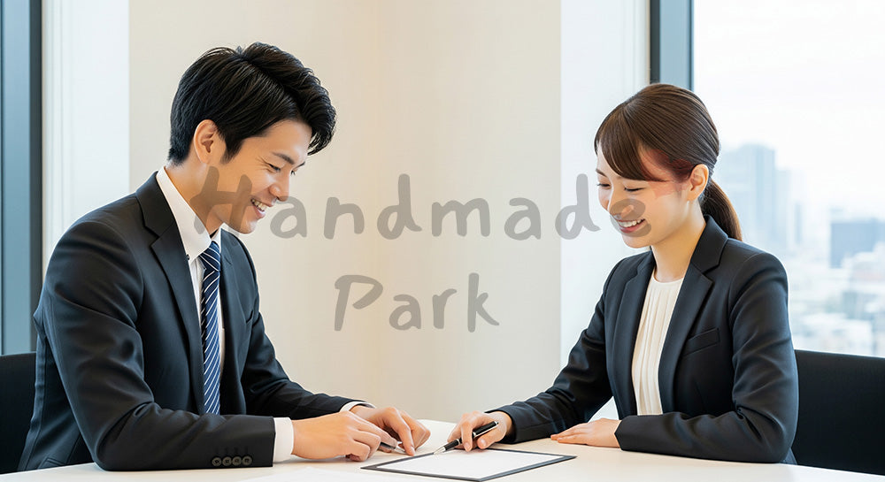 フリー素材 無料 写真｜採用向け 日本の商談で次のアクションを決める日本人営業と顧客の前向き写真｜記事・スライドの差し込みに