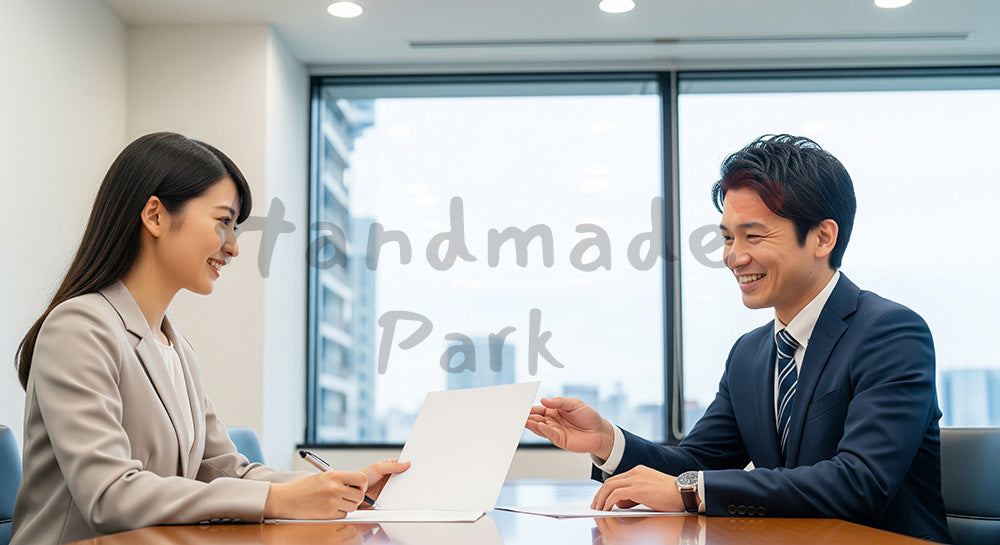 フリー素材 無料 写真｜採用向け 日本の商談で次のアクションを決める日本人営業と顧客の前向き写真｜特集ページの見出しに便利