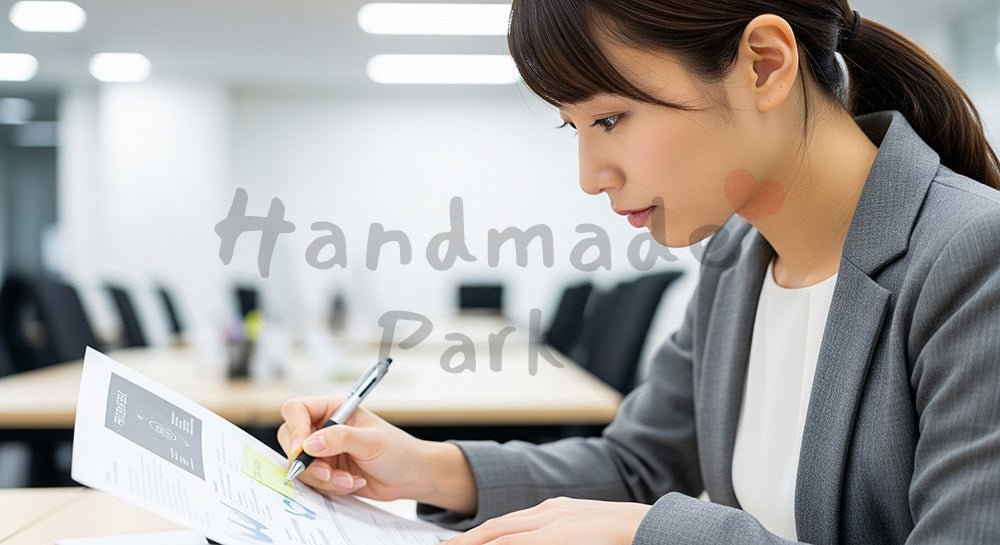 フリー素材 無料 写真|採用向け 日本人女性営業が提案書を最終チェックし付箋で整理する実務写真|LP・バナーに使いやすい