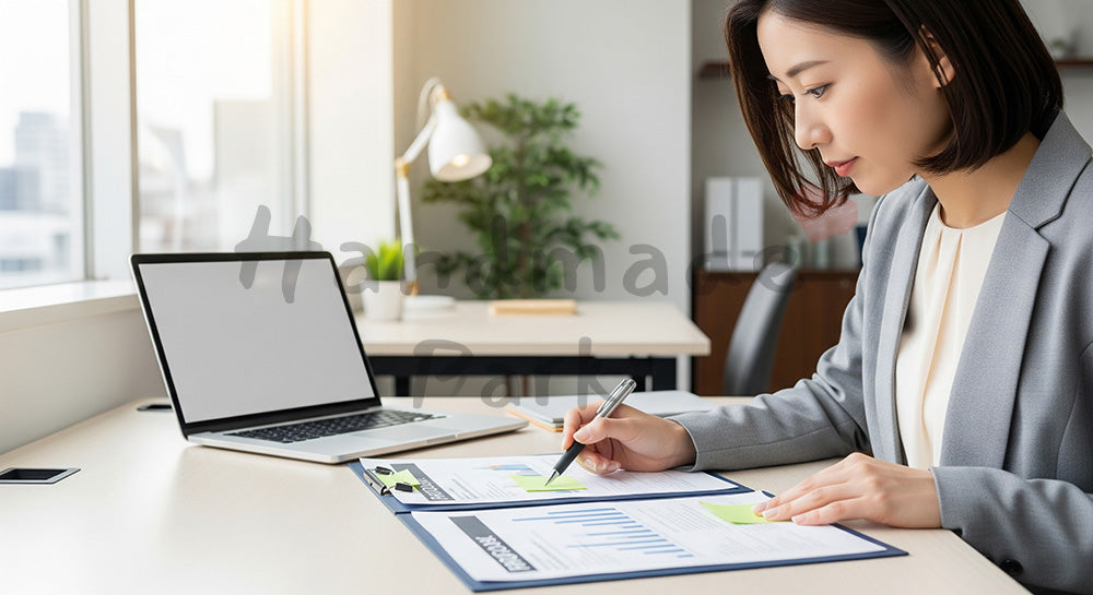 フリー素材 無料 写真｜採用向け 日本人女性営業が提案書を最終チェックし付箋で整理する実務写真 シーン｜SNS投稿のアイキャッチ画像向け