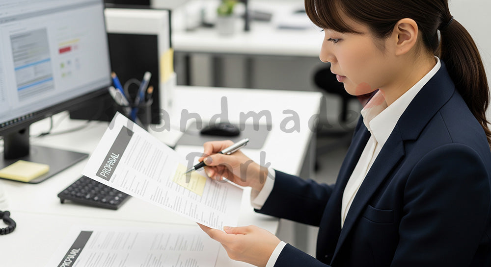 フリー素材 無料 写真｜採用向け 日本人女性営業が提案書を最終チェックし付箋で整理する実務写真｜特集ページの見出しに便利
