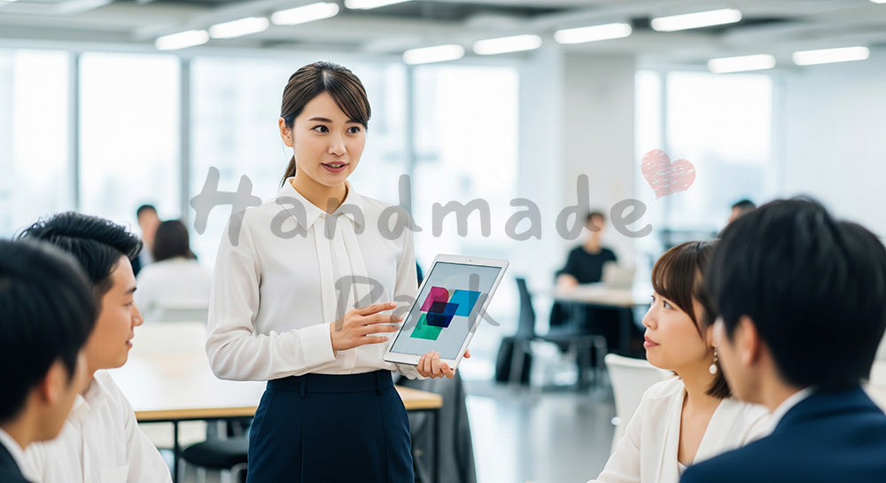 フリー素材 無料 写真｜採用向け 日本人若手女性営業がチームへ情報共有する明るいオフィス写真｜特集ページの見出しに便利