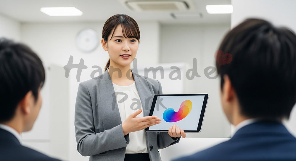 フリー素材 無料 写真｜採用向け 日本人若手女性営業がチームへ情報共有する明るいオフィス写真 シーン｜記事・スライドの差し込みに