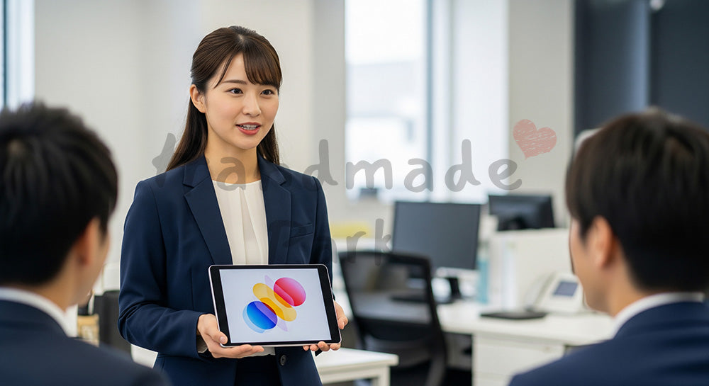 フリー素材 無料 写真｜採用向け 日本人若手女性営業がチームへ情報共有する明るいオフィス写真｜LP・バナーに使いやすい