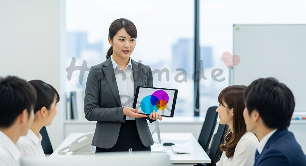 フリー素材 無料 写真｜採用向け 日本人若手女性営業がチームへ情報共有する明るいオフィス写真｜SNS投稿のアイキャッチ画像向け
