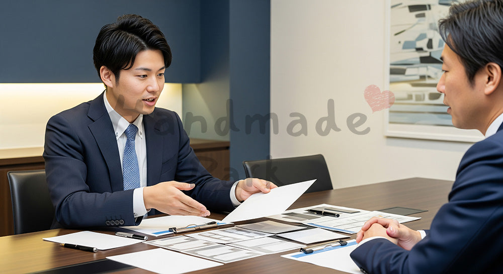 フリー素材 無料 写真|採用向け 日本人営業が顧客と比較検討し最適提案する商談テーブル写真|LP・バナーに使いやすい