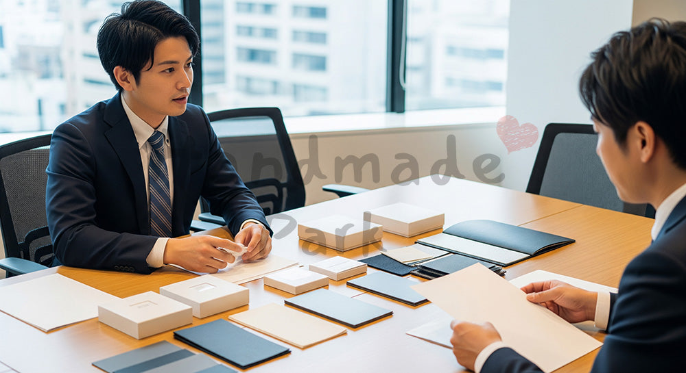 フリー素材 無料 写真｜採用向け 日本人営業が顧客と比較検討し最適提案する商談テーブル写真 シーン｜SNS投稿のアイキャッチ画像向け