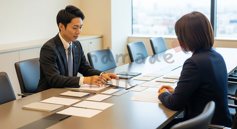 フリー素材 無料 写真｜採用向け 日本人営業が顧客と比較検討し最適提案する商談テーブル写真｜記事・スライドの差し込みに