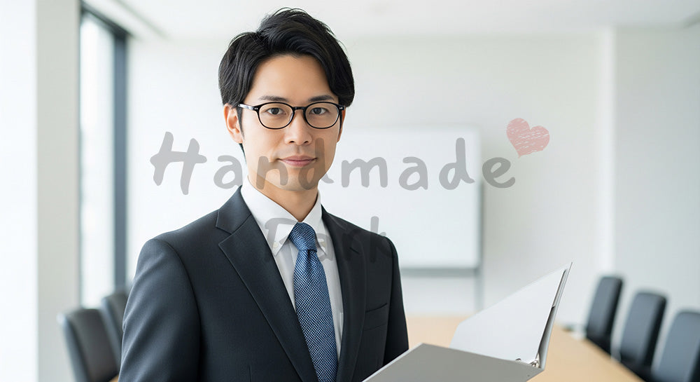 フリー素材 無料 写真｜採用向け 日本人営業の自信と誠実さが伝わるオフィスプロフィール写真｜SNS投稿のアイキャッチ画像向け