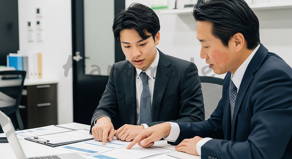 フリー素材 無料 写真|採用向け 日本人若手営業が先輩と資料確認する学びが見えるオフィス写真|記事・スライドの差し込みに